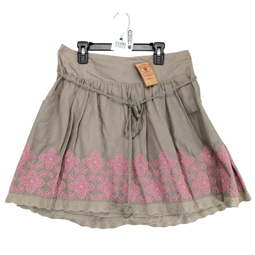 NWT Lucky‎ Brand Boho Embroidered Skirt Size M Cotton Smocked Waist Festival